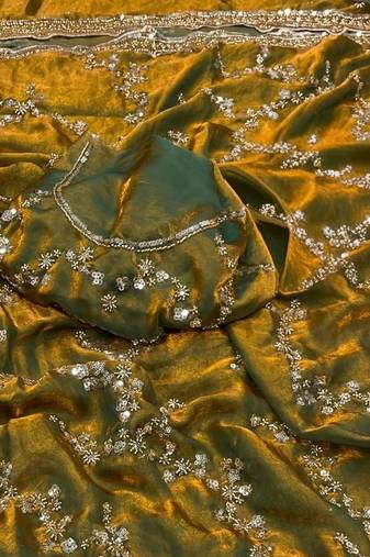 Olive Color Gold Beeds Work With Cut work Border Silk Saree