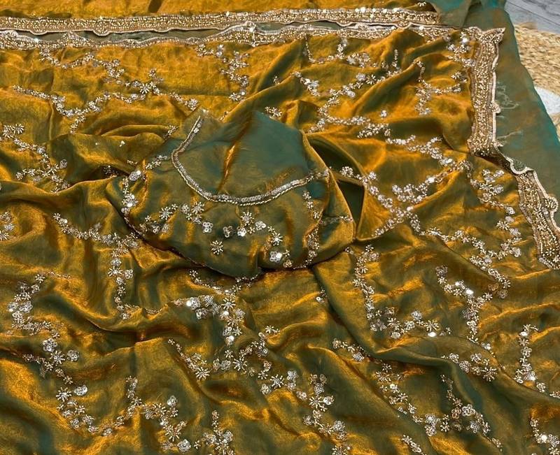 Olive Color Gold Beeds Work With Cut work Border Silk Saree