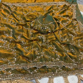 Olive Color Gold Beeds Work With Cut work Border art silk saree 2
