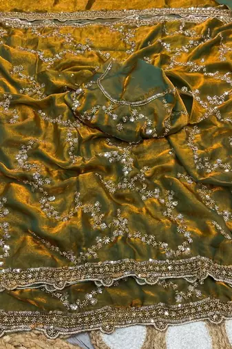Olive Color Gold Beeds Work With Cut work Border art silk saree