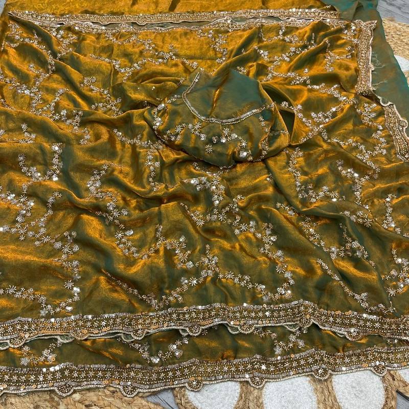 Olive Color Gold Beeds Work With Cut work Border Silk Saree