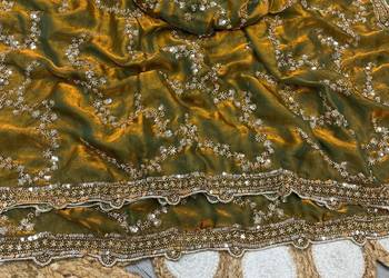 Olive Color Gold Beeds Work With Cut work Border art silk saree 3