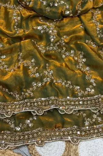Olive Color Gold Beeds Work With Cut work Border art silk saree