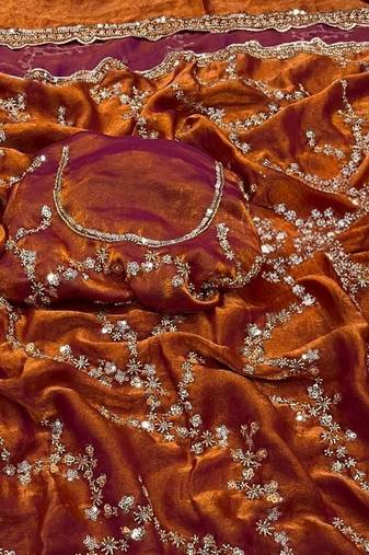 Orange Color Gold Beeds Work With Cut work Border Silk Saree