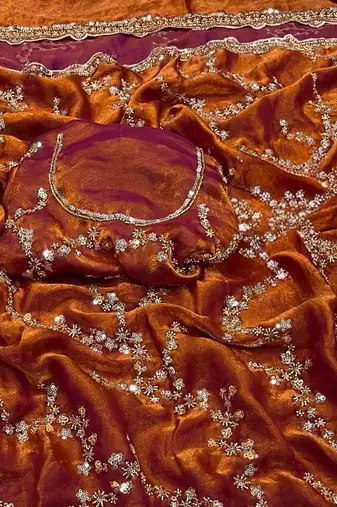 Orange Color Gold Beeds Work With Cut work Border Silk Saree