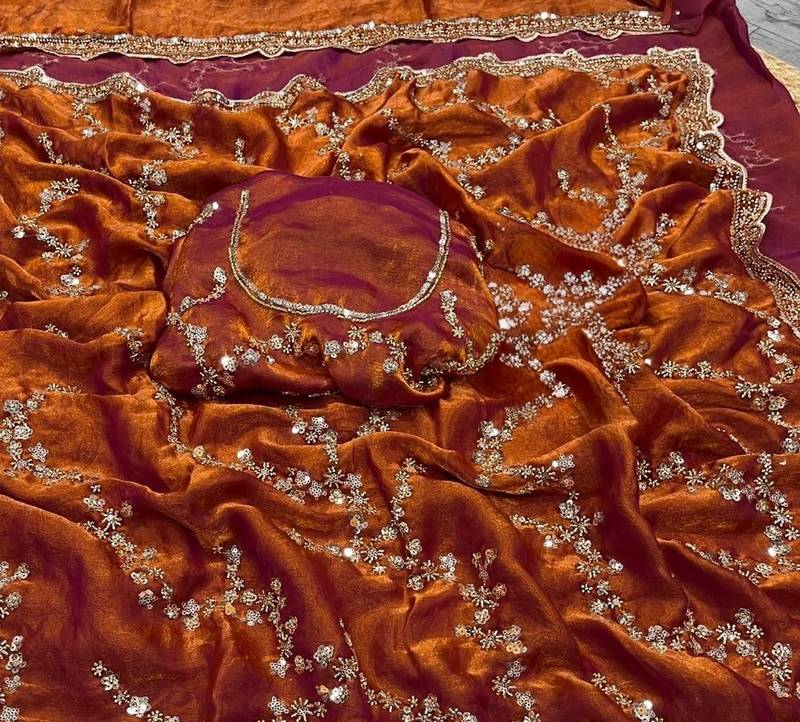 Orange Color Gold Beeds Work With Cut work Border Silk Saree