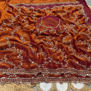 Orange Color Gold Beeds Work With Cut work Border art silk saree 3