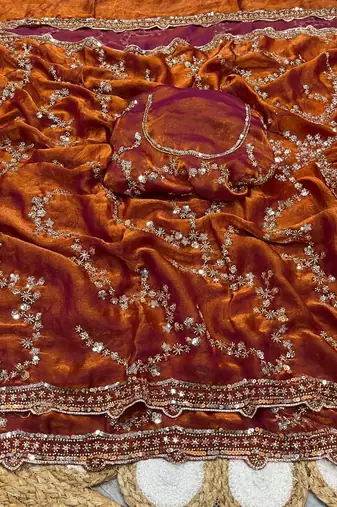 Orange Color Gold Beeds Work With Cut work Border art silk saree