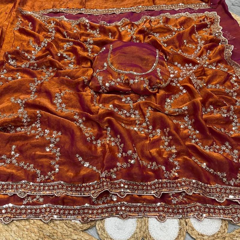 Orange Color Gold Beeds Work With Cut work Border Silk Saree