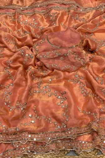 Peach Color Gold Beeds Work With Cut work Border Silk Saree
