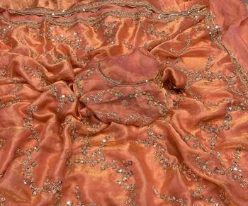Peach Color Gold Beeds Work With Cut work Border art silk saree 2