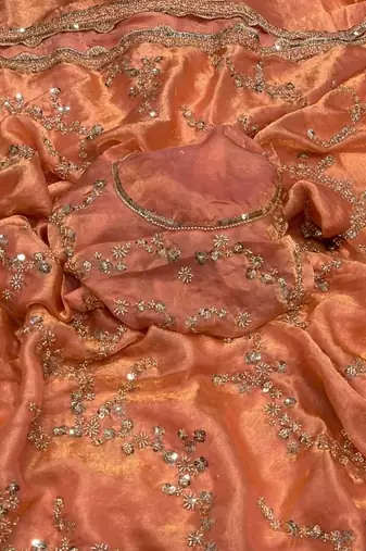Peach Color Gold Beeds Work With Cut work Border Silk Saree