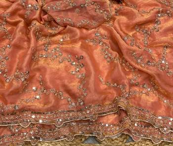 Peach Color Gold Beeds Work With Cut work Border art silk saree 3