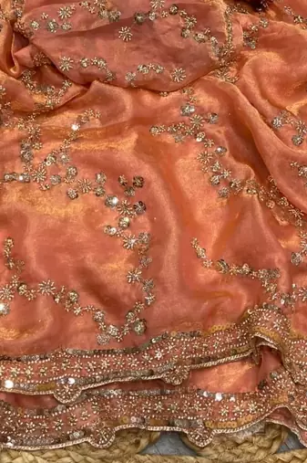 Peach Color Gold Beeds Work With Cut work Border Silk Saree
