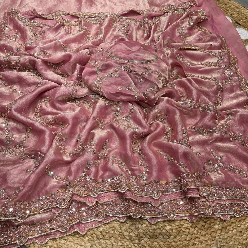 Pink Color Gold Beeds Work With Cut work Border Silk Saree