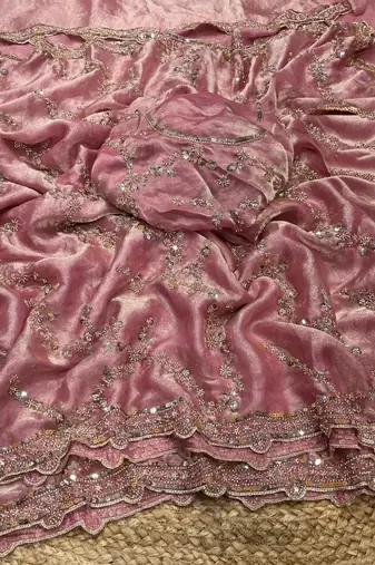 Pink Color Gold Beeds Work With Cut work Border Silk Saree