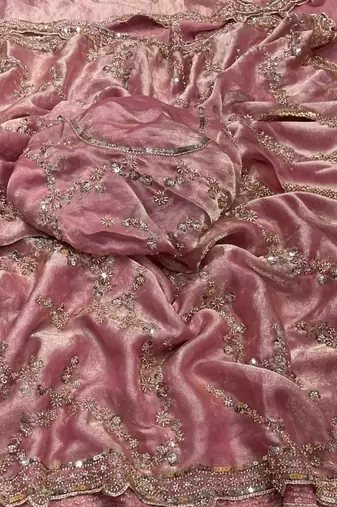 Pink Color Gold Beeds Work With Cut work Border Silk Saree