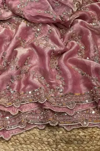 Pink Color Gold Beeds Work With Cut work Border Silk Saree