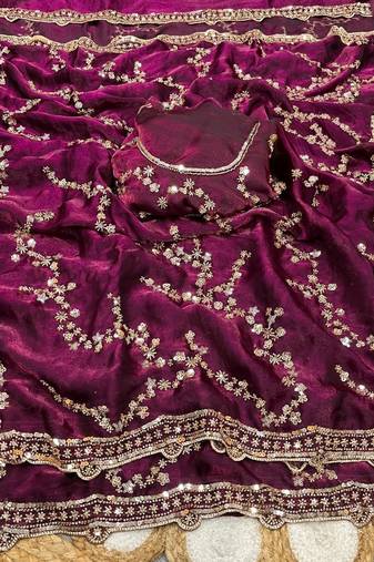 Plum Color Gold Beeds Work With Cut work Border Silk Saree