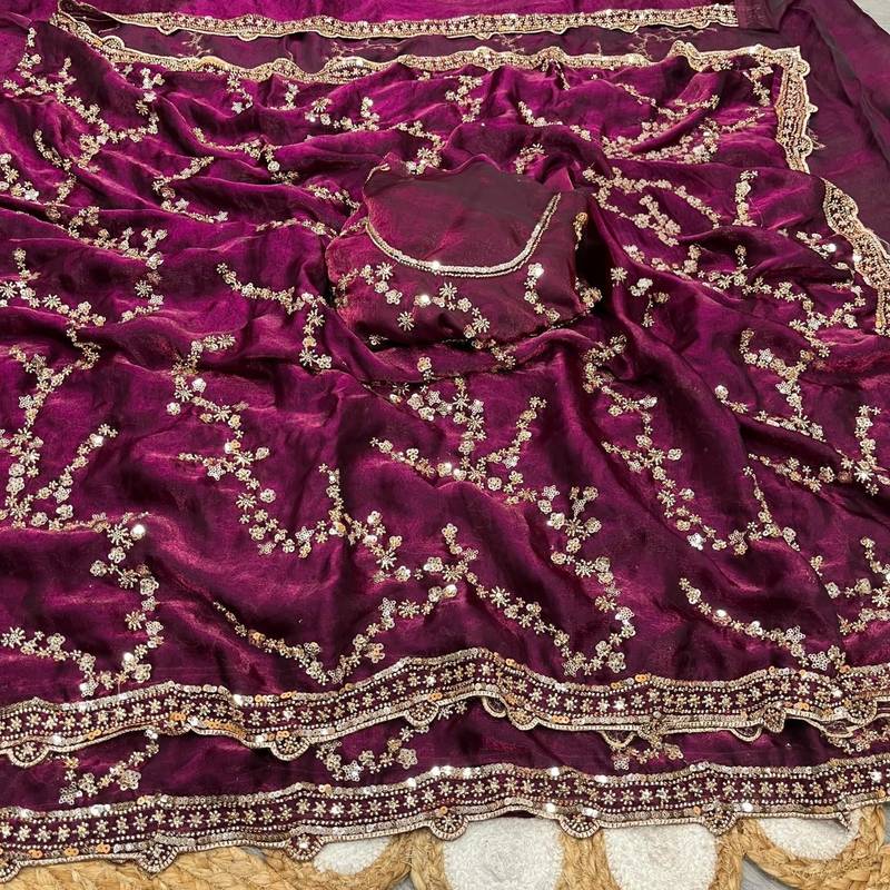 Plum Color Gold Beeds Work With Cut work Border Silk Saree