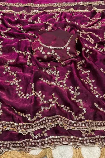 Plum Color Gold Beeds Work With Cut work Border Silk Saree