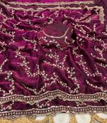 Plum Color Gold Beeds Work With Cut work Border Silk Saree