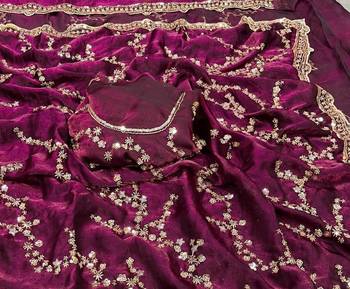 Plum Color Gold Beeds Work With Cut work Border art silk saree 2