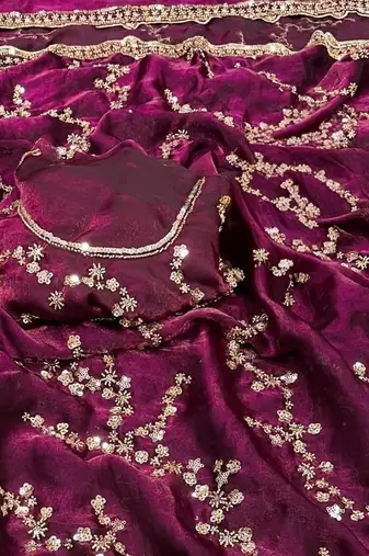 Plum Color Gold Beeds Work With Cut work Border art silk saree