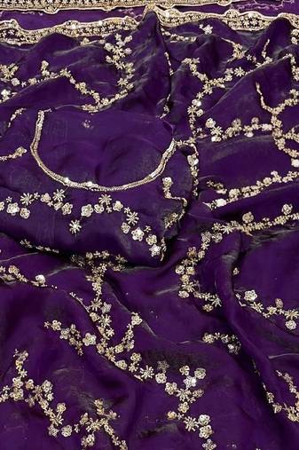 purple Color Gold Beeds Work With Cut work Border Silk Saree