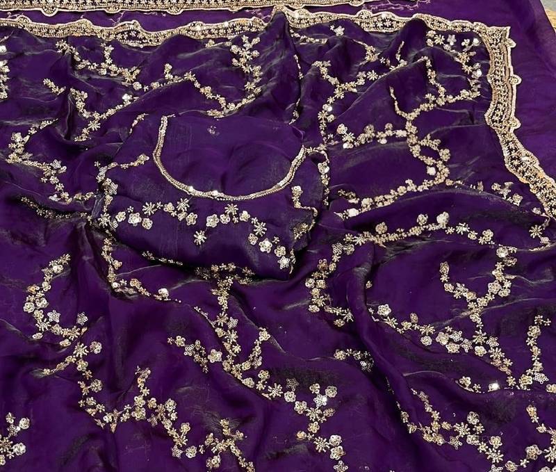 purple Color Gold Beeds Work With Cut work Border Silk Saree