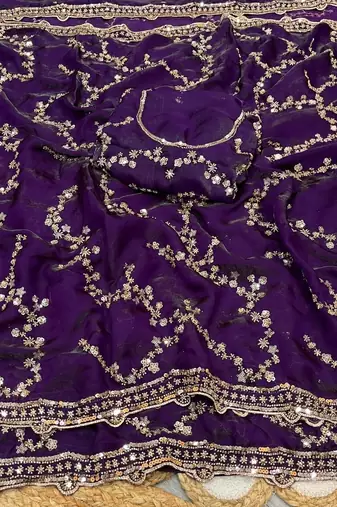 purple Color Gold Beeds Work With Cut work Border Silk Saree