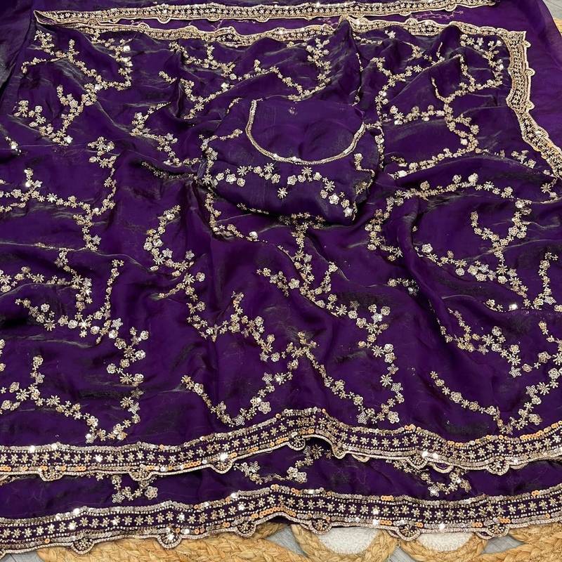 purple Color Gold Beeds Work With Cut work Border Silk Saree