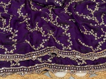purple Color Gold Beeds Work With Cut work Border art silk saree 3