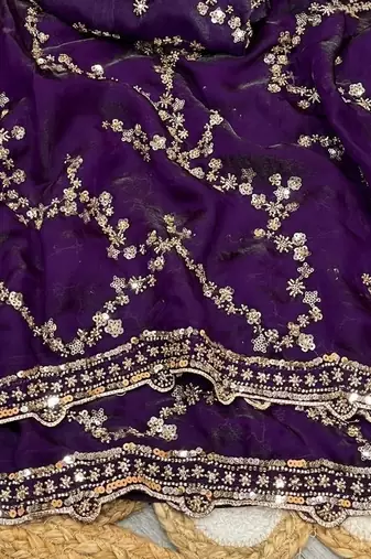 purple Color Gold Beeds Work With Cut work Border Silk Saree
