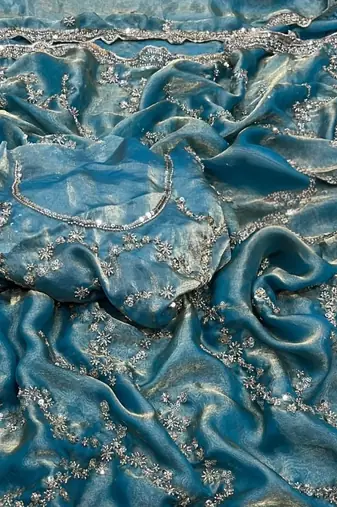 Sky Blue Color Gold Beeds Work With Cut work Border Silk Saree