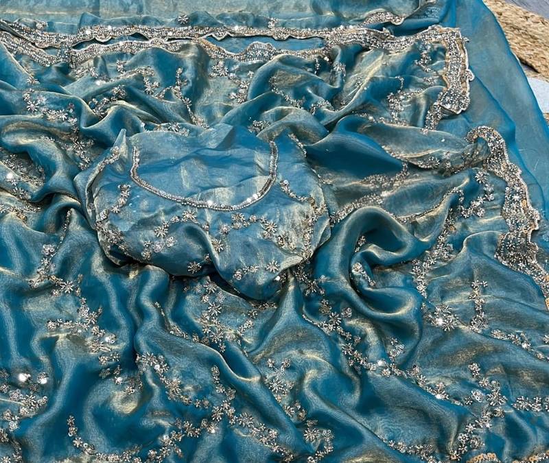 Sky Blue Color Gold Beeds Work With Cut work Border Silk Saree