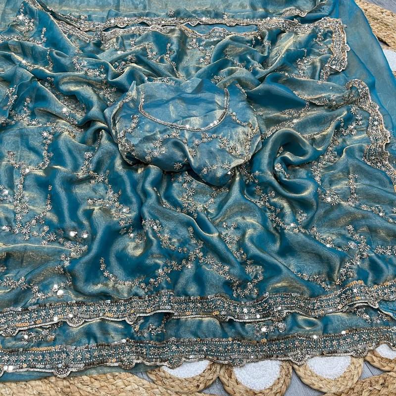 Sky Blue Color Gold Beeds Work With Cut work Border Silk Saree