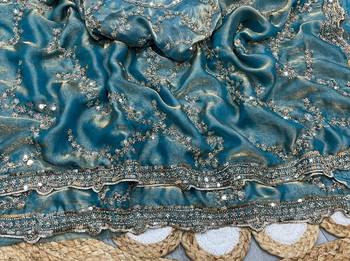 Sky Blue Color Gold Beeds Work With Cut work Border art silk saree 3