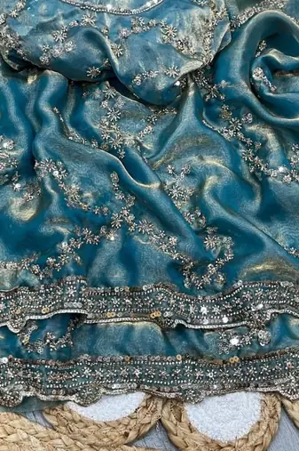 Sky Blue Color Gold Beeds Work With Cut work Border Silk Saree