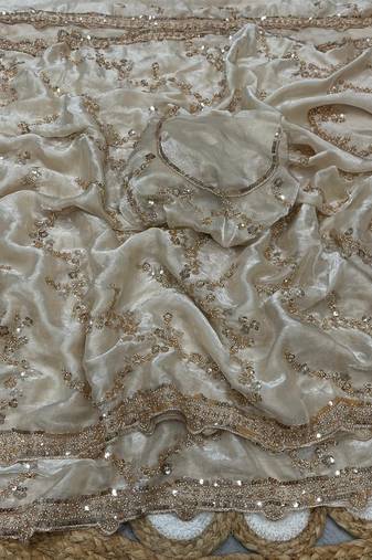 White Color Gold Beeds Work With Cut work Border Silk Saree