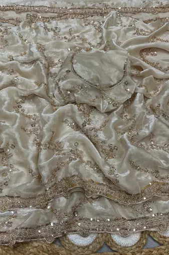 White Color Gold Beeds Work With Cut work Border Silk Saree