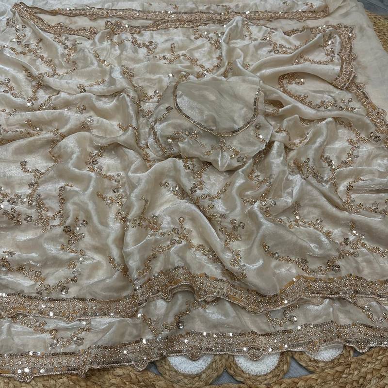 White Color Gold Beeds Work With Cut work Border Silk Saree