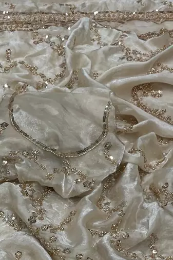 White Color Gold Beeds Work With Cut work Border art silk saree