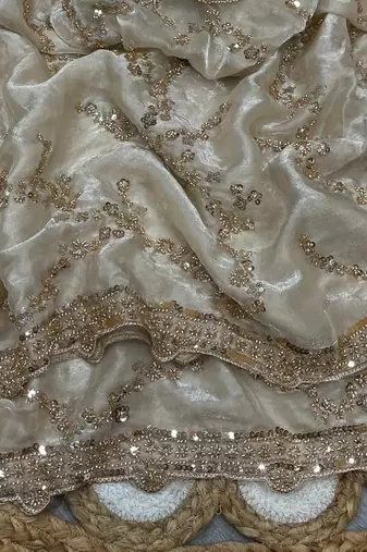 White Color Gold Beeds Work With Cut work Border art silk saree
