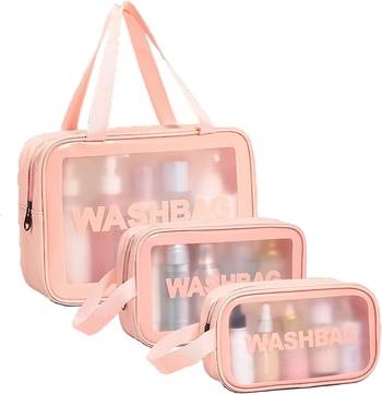 Pink transparent pvc travel cosmetic wash bag 3 pcs set (large medium small) 1
