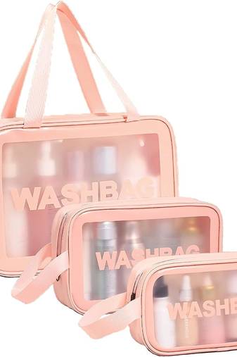 Pink transparent pvc travel cosmetic wash bag 3 pcs set (large medium small)