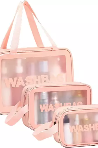 Pink transparent pvc travel cosmetic wash bag 3 pcs set (large medium small)