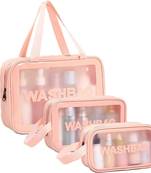 Pink transparent pvc travel cosmetic wash bag 3 pcs set (large medium small)