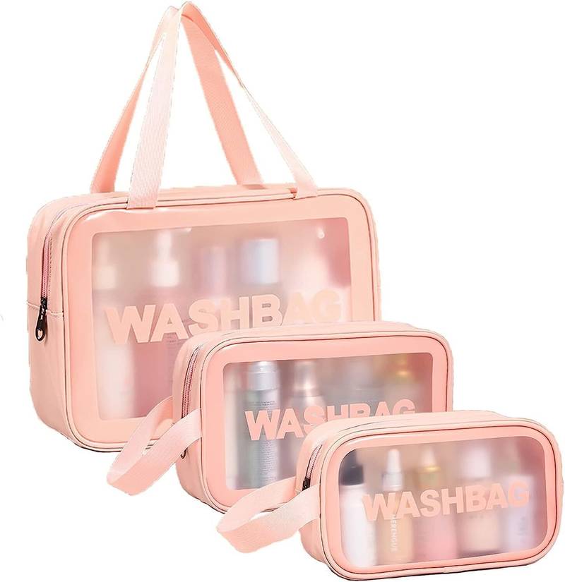Pink transparent pvc travel cosmetic wash bag 3 pcs set (large medium small)