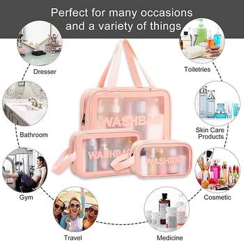 Pink transparent pvc travel cosmetic wash bag 3 pcs set (large medium small) 2
